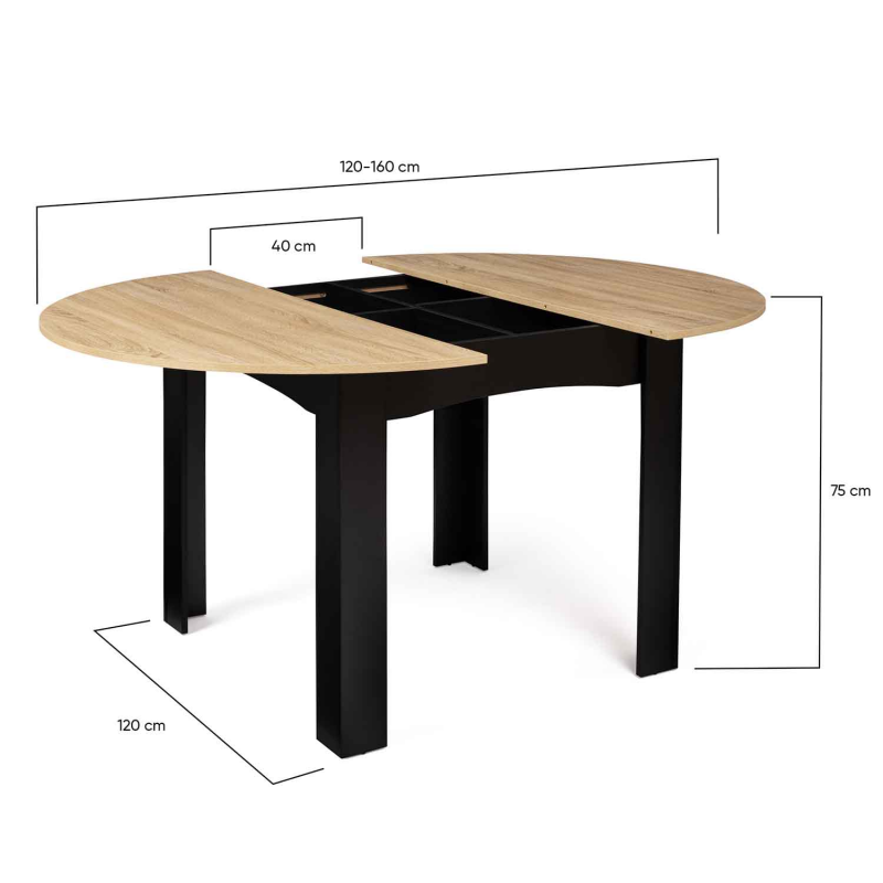 Table scandinave extensible INGA 4-6 personnes plateau bois pieds noirs  120-160 cm