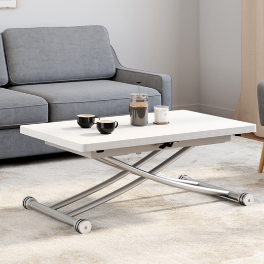 Table basse relevable en table à manger rectangulaire URBANA plateau blanc pied chrome