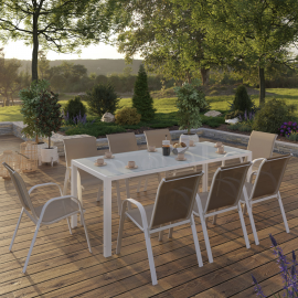 MADRID tuinset 190cm tafel en 8 stapelstoelen wit en beige