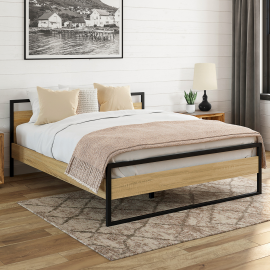 Dubbel bed DETROIT met lattenbodem 140x190 cm in hout en zwart metaaleffect