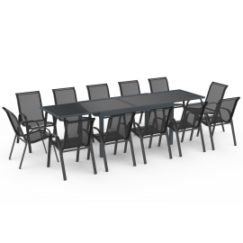 Tuinmeubelset MADRID - grijze uitschuifbare tafel 135-270 cm en 12 antracietgrijze stapelstoelen