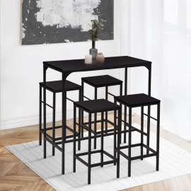 DELSON 100 cm hoge bartafel en 4 zwarte krukken van metaal en hout - industrieel ontwerp