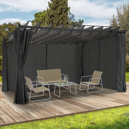 Pergola LUXE CEFALU verstelbare lamellen 3x4 M en 4 gordijnen antracietgrijs