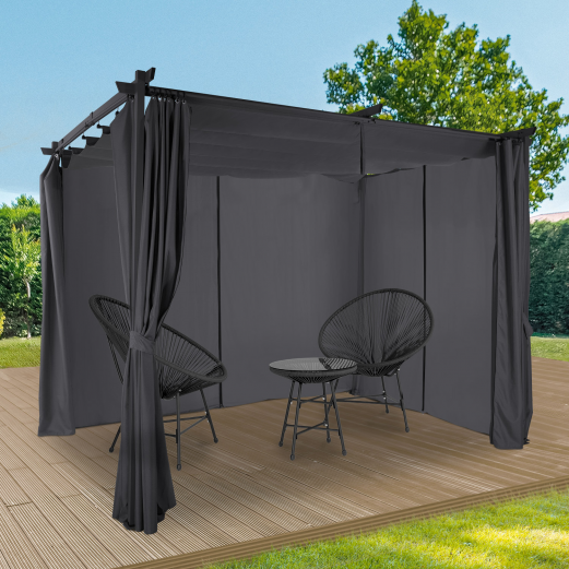 Pergola limited edition schuifdak 3x3M en 4 gordijnen antracietgrijs