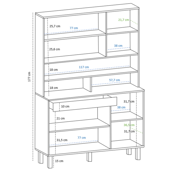 Buffet de cuisine 120 CM CINA meuble 6 portes façon hêtre et structure noire + tiroir