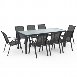 Salon de jardin MADRID table 190 CM et 8 chaises empilables gris anthracite plateau transparent