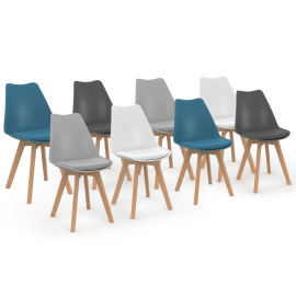Set van 8 SARA Scandinavische stoelen mix kleur wit x2, lichtgrijs x2, donkergrijs x2, eendenblauw x2