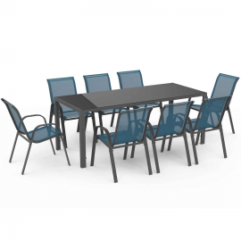 Tuinmeubelset MADRID tafel 190 CM en 8 stapelstoelen eend blauw