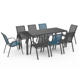 Tuinmeubelset MADRID tafel 190 cm en 8 stapelstoelen mix kleur blauw, grijs en zwart