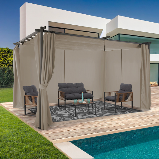 Pergola limited edition schuifdak 3x4M en 4 taupe gordijnen