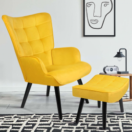ANIA Scandinavische fauteuil met voetsteun van geel fluweel