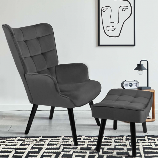 ANIA Scandinavische fauteuil met antracietgrijze fluwelen voetsteun