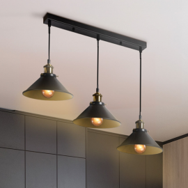 Vintage 3-lichts industriële hanglamp van zwart metaal
