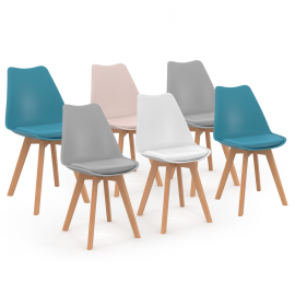 Set van 6 Scandinavische stoelen SARA, mix pastelroze, wit, lichtgrijs x2, blauw x2