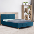 Lit coffre double scandinave LULEA avec tête de lit et sommier 140 x 190 cm tissu bleu canard