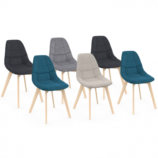 Set van 6 Scandinavische stoelen GABY mix kleur beige, lichtgrijs, eendenblauw x2, donkergrijs x2 in stof