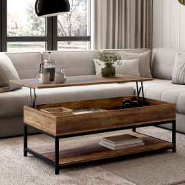 HAWKINS salontafel met geïntegreerd opklapbaar blad en onderste plank met industrieel ontwerp