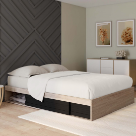 Cadre de lit SALEM avec rangements et sommier 140 x 190 cm effet bois et noir