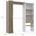 Dressing extensible blanc et bois MARTY 120/170 x 50 x 180 cm avec rideau + double penderie + étagères