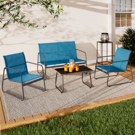 4-persoons lage tuinset MALAGA met eendenblauwe bank, fauteuils en tafel
