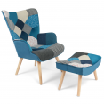 IVAR Scandinavische fauteuil met voetensteun in patchworkstof en blauw fluweel