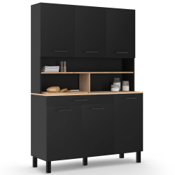 Buffet de cuisine 120 CM CINA 6 portes + tiroir full noir et façon hêtre