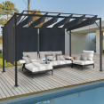 Pergola LUXE met CEFALU 3x3 M verstelbare lamellen en 4 antracietgrijze zonneschermen