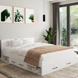 Lit double MINEA 140 x 190 cm avec tête de lit + tiroirs + niches de rangement et sommier blanc