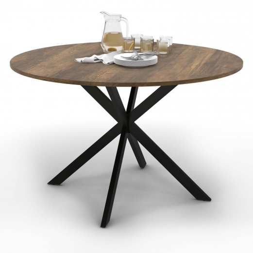 Table à manger ronde ALIX plateau HAWKINS 4-6 personnes pied araignée bois foncé et noir 110 cm