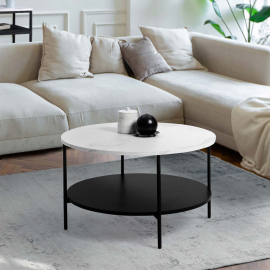 Table basse ronde double plateau ALASKA effet marbre et bois noir 70 cm