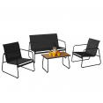 MALAGA 4-zits lage tuinset met zwart en houten bank, fauteuils en tafel