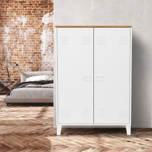 Armoire basse ESTER 2 portes métal blanc et plateau bois design industriel