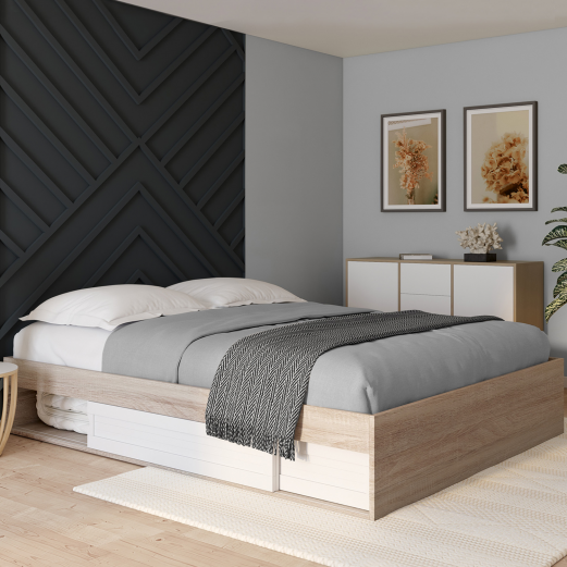 SALEM bedframe met opbergruimte en lattenbodem 160 x 200 cm met hout- en witeffect