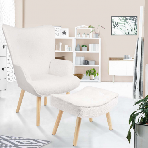 IVAR Scandinavische fauteuil met voetsteun van witte bouclettestof