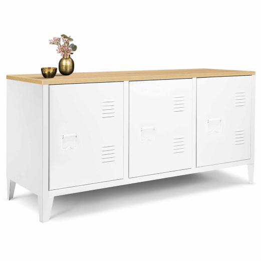 ESTER laag dressoir, hout, 3 witte metalen deuren, industrieel ontwerp 113cm