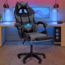 CHUCK-game chair met voetensteun, hoofdkussen en lumbale massageondersteuning in zwart en grijs