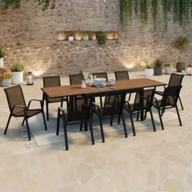 MOOREA uitschuifbare tuinset Hout effect tafel 135/270 cm en 12 stapelstoelen zwart en hout