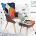 Scandinavische fauteuil IVAR met voetensteun in veelkleurige patchwork stof en houndstooth print