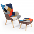 Fauteuil scandinave IVAR avec repose pieds en tissu patchwork multicouleurs et imprimé pied de poule