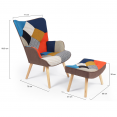 Fauteuil scandinave IVAR avec repose pieds en tissu patchwork multicouleurs et imprimé pied de poule