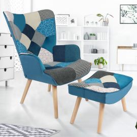 IVAR Scandinavische fauteuil met voetensteun in patchworkstof en blauw fluweel