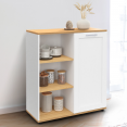 Buffet d'appoint 70 cm VITO 3 étagères et placard blanc et plateau bois