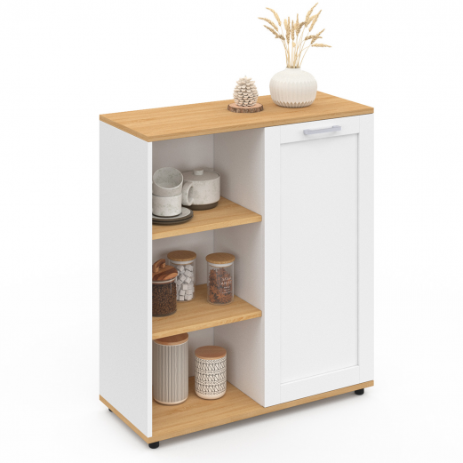 Buffet d'appoint 70 cm VITO 3 étagères et placard blanc et plateau bois