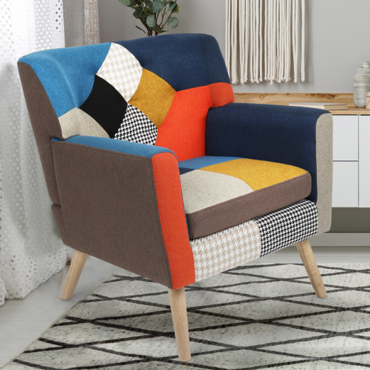 LIV Scandinavische fauteuil in veelkleurige patchworkstof en houndstoothprint