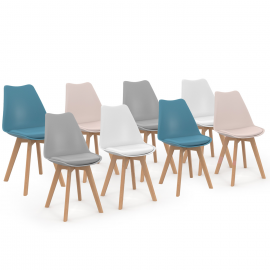 Set van 8 SARA Scandinavische stoelen mix pastelroze x2, wit x2, lichtgrijs x2, blauw x2