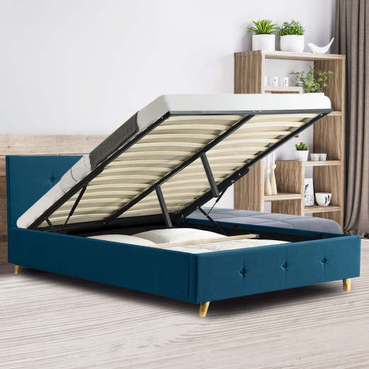 Lit coffre double scandinave LULEA avec tête de lit et sommier 140 x 190 cm tissu bleu canard