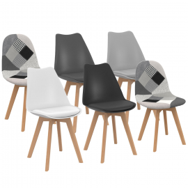 Lot de 6 chaises scandinaves SARA gris foncé, gris clair, blanc, noir et patchworks noirs, gris et blancs
