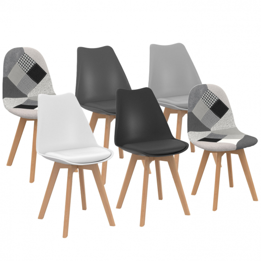 Set van 6 Scandinavische SARA-stoelen in donkergrijs, lichtgrijs, wit, zwart en patchworkpatronen in zwart, grijs en wit