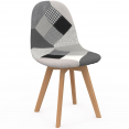 Set van 6 Scandinavische SARA-stoelen in donkergrijs, lichtgrijs, wit, zwart en patchworkpatronen in zwart, grijs en wit