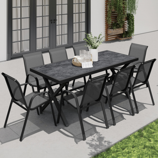 Salon de jardin SANTORIN table 190 cm pieds en croix plateau effet béton et 8 chaises empilables gris anthracite